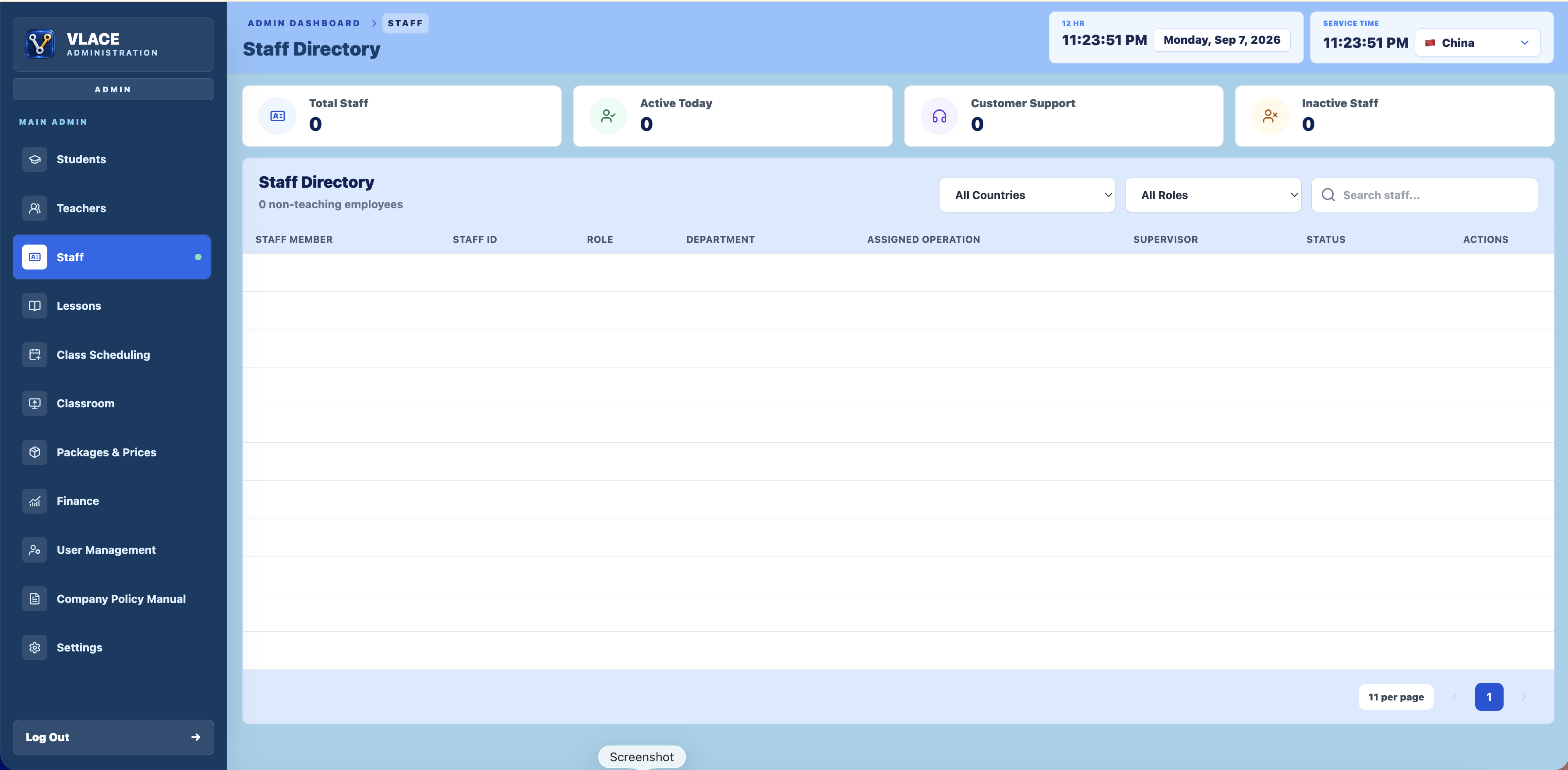 VLACE Administration staff directory dashboard