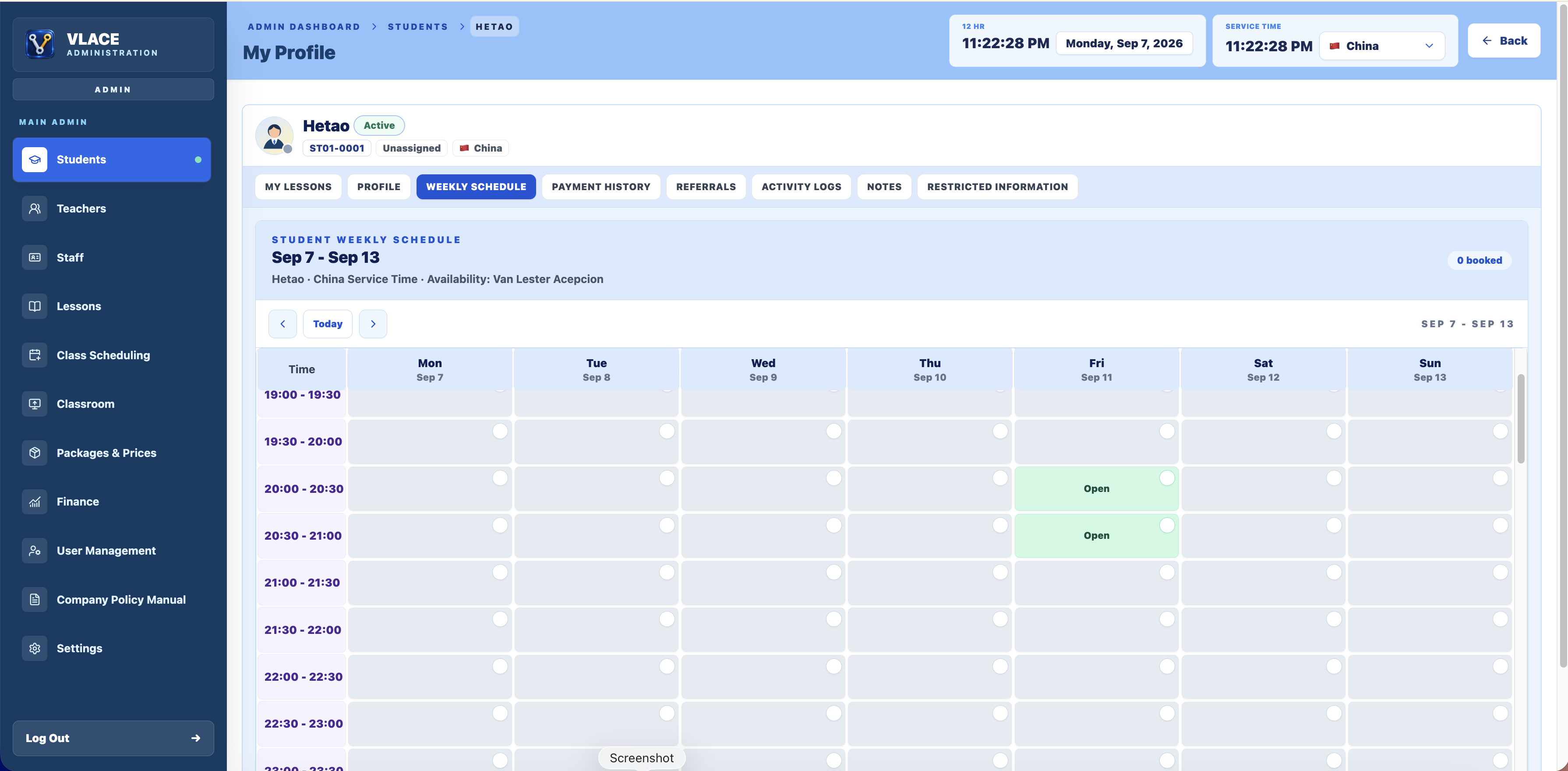VLACE Administration student profile weekly schedule dashboard