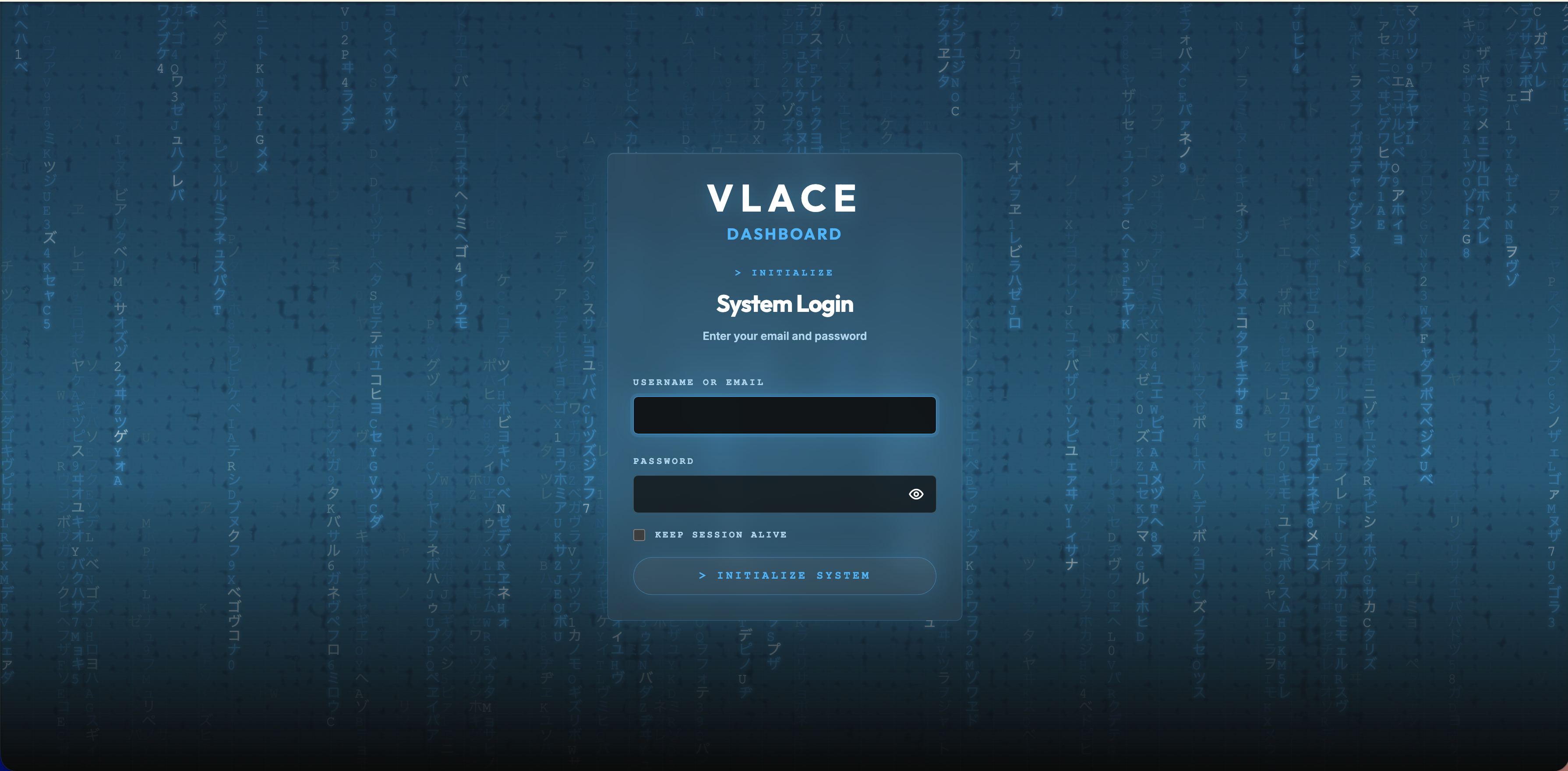 VLACE Dashboard system login screen