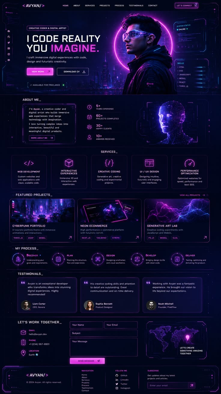 Cyberpunk creative coder portfolio website screenshot