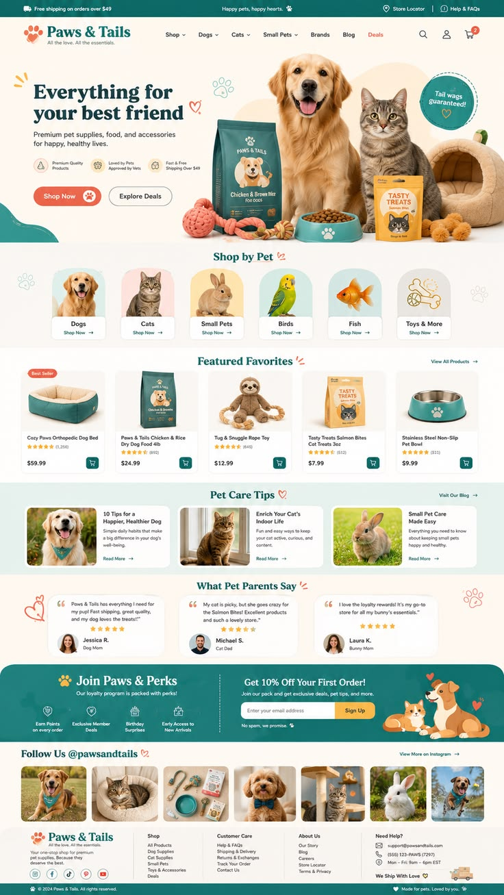 Paws and Tails pet store website screenshot